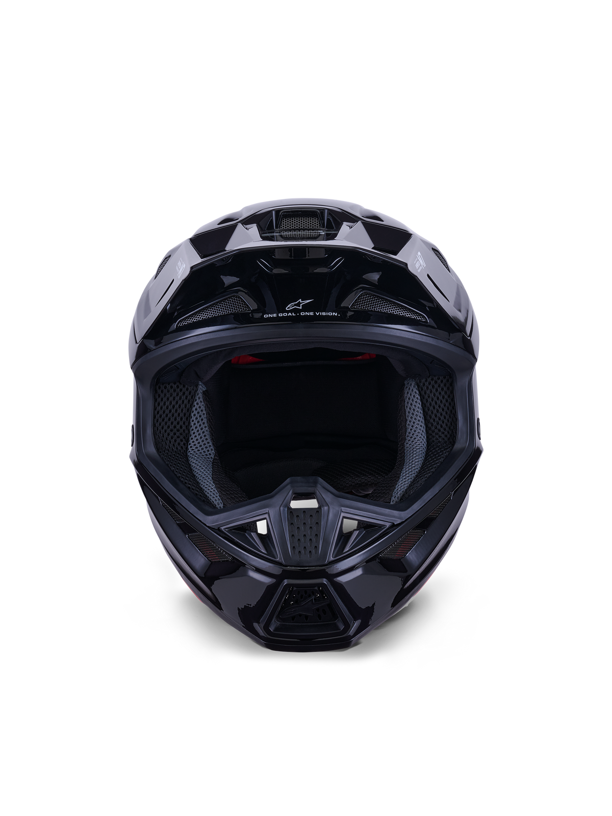 Capacete Alpinestars S-M7 Solid ECE 22.06, capacete de motocross, preto brilhante, vista frontal destacando a calota composta aerodinâmica, as aberturas de ventilação na proteção de queixo e o forro interno em malha, acabamento elegante para corridas off-road