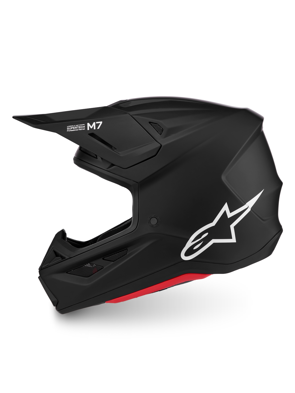 Alpinestars S-M7 Solid Helmet, Matte Black motocross helmet with white logo and aerodynamic shell, ECE 22.06 certified.
