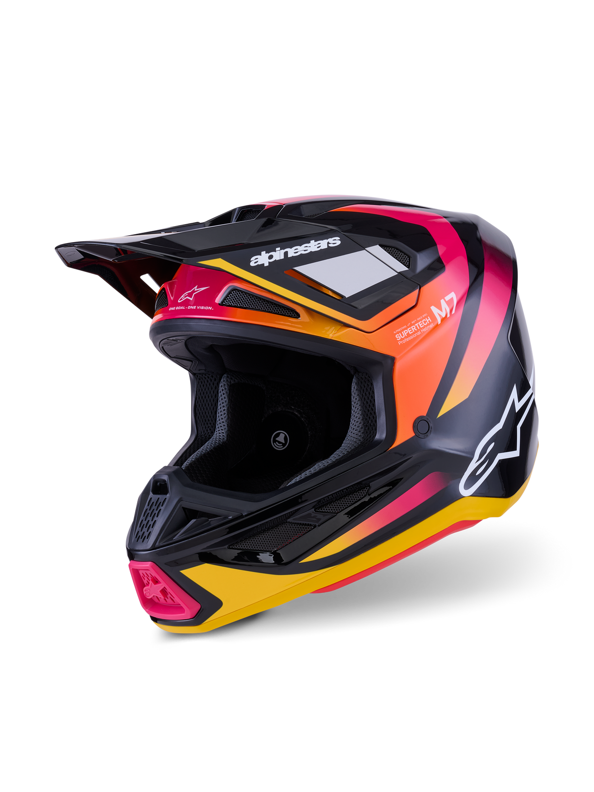 Capacete Alpinestars S-M7 Rise, capacete de motocross, preto, amarelo e rosa brilhante, com calota aerodinâmica em compósito, gráficos vibrantes em degradê, logótipos Alpinestars brancos e múltiplas aberturas de ventilação para todo-o-terreno