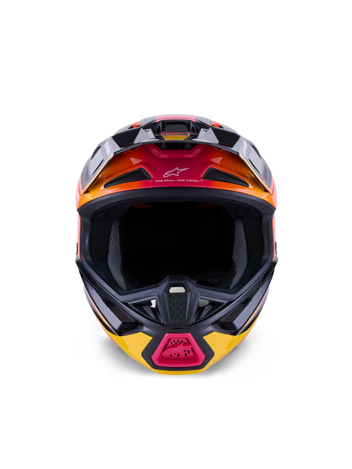 Capacete Alpinestars S-M7 Rise ECE 22.06, capacete de motocross, preto, amarelo e rosa brilhante com degradês laranja, vista frontal que mostra a calota aerodinâmica composta, múltiplas entradas de ar com rede e o branding 'One Goal. One Vision.', concebido para corridas todo-o-terreno.