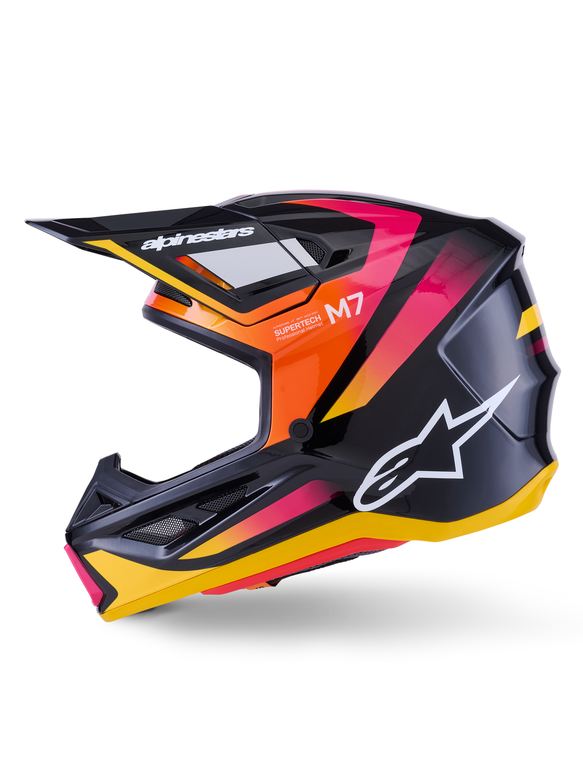Capacete Alpinestars S-M7 Rise, capacete de motocross, preto, amarelo e rosa brilhante, perfil lateral com detalhes vibrantes em gradiente de laranja e rosa, logótipo Alpinestars branco, design aerodinâmico elegante com viseira preta, proteção de cabeça profissional para corridas todo-o-terreno