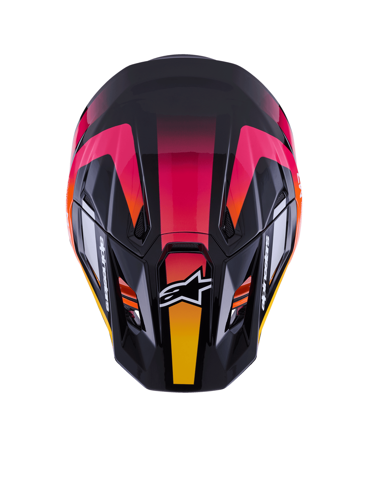 Alpinestars S-M7 Rise Helmet ECE 22.06, capacete de motocross, preto, rosa e amarelo brilhante, vista superior mostrando a calota aerodinâmica em compósito, design vibrante em gradiente, aberturas de ventilação e logótipo Alpinestars branco na frente
