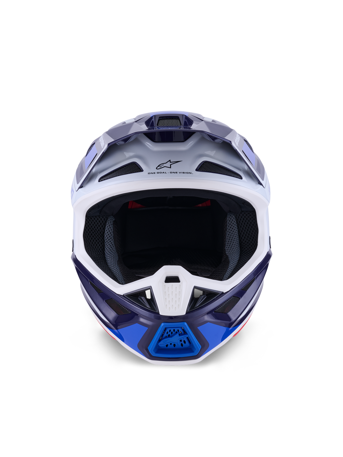 Capacete Alpinestars S-M7 Rise, azul e branco brilhante, vista frontal, capacete de motocross para todo-o-terreno com múltiplas aberturas de ventilação, logótipo Astars na testa, design aerodinâmico da calota em compósito