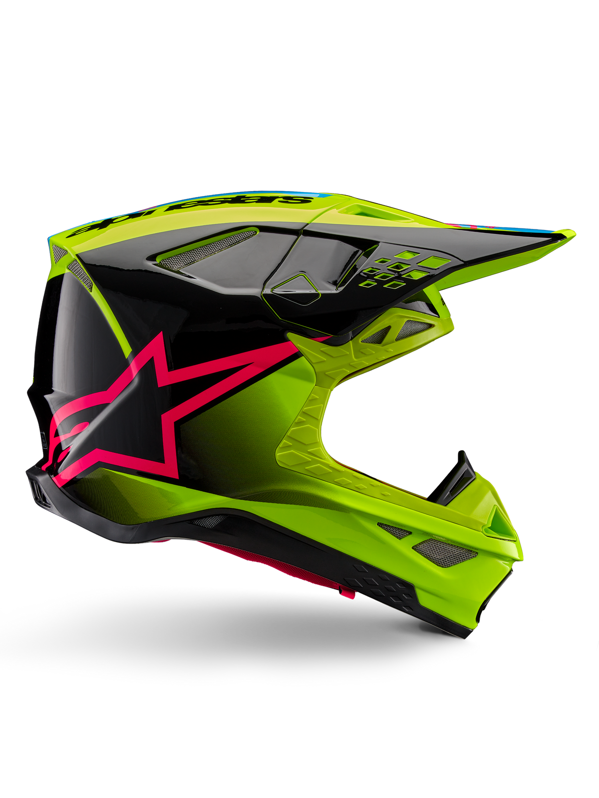 Alpinestars Supertech M10 Unite Helmet, Motocross Racing Helmet, Yellow Fluo and Black with Diva Pink Star Graphics, glossy aerodynamic design with multiple ventilation ports, ECE 22.06 certified