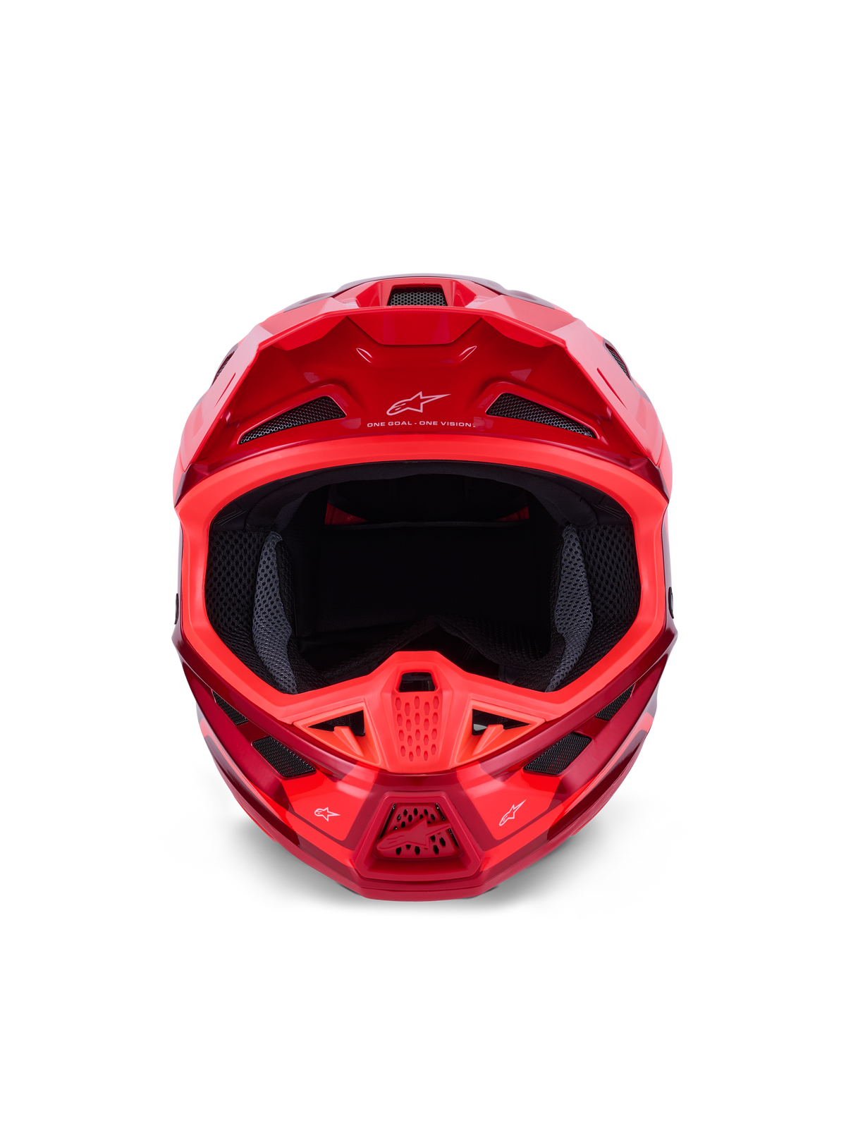 Capacete Alpinestars S-M7 Core, capacete de motocross, vermelho brilhante, vista frontal com múltiplas entradas de ar e design aerodinâmico, logótipo Astars na viseira e na zona do queixo, equipamento profissional de corrida todo-o-terreno
