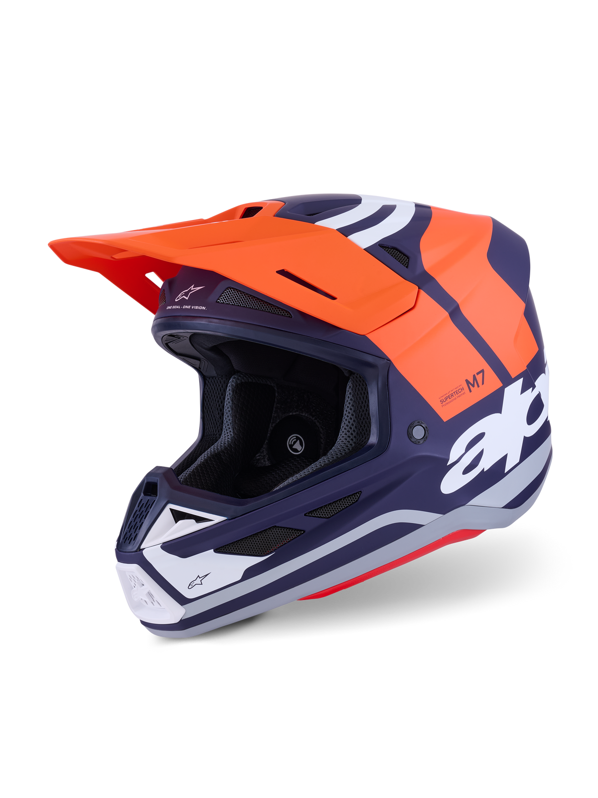 Alpinestars S-M7 Core Helmet ECE 22.06, capacete de motocross, laranja e azul marinho mate, com branding branco em destaque, calota aerodinâmica com ventilação integrada, viseira laranja e construção de nível profissional para corridas todo-o-terreno
