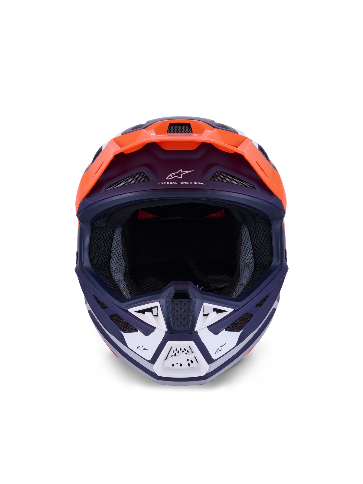 Capacete Alpinestars S-M7 Core, capacete de motocross, laranja e azul mate, vista frontal com detalhes brancos na proteção de queixo, com a marca "One Goal - One Vision", calota aerodinâmica para corridas todo-o-terreno