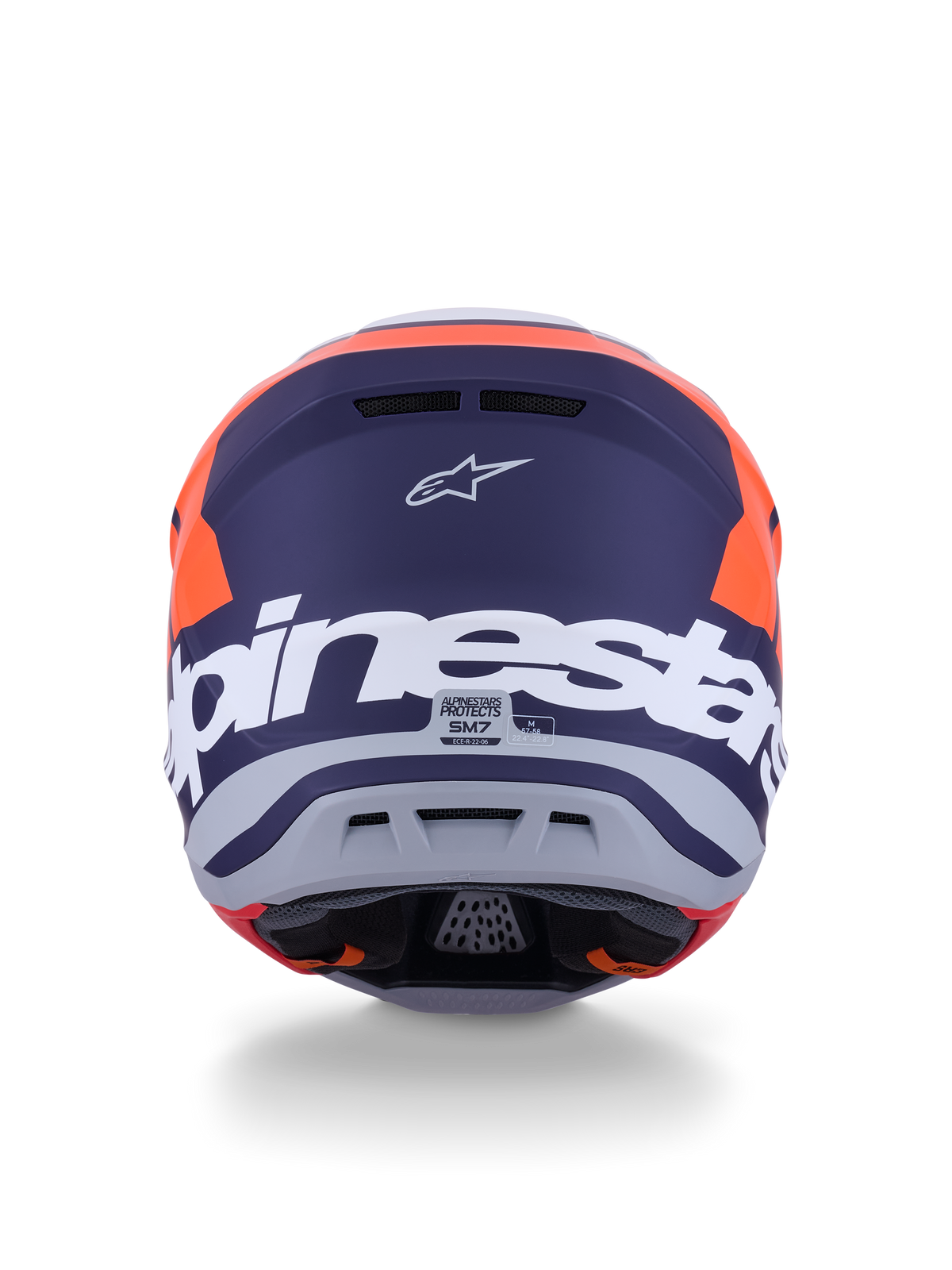 Capacete Alpinestars S-M7 Core ECE 22.06, capacete de motocross, laranja e azul mate, vista traseira com branding Alpinestars grande a branco e logótipo Astars, design aerodinâmico elegante com saídas de ar integradas, proteção profissional para todo-o-terreno