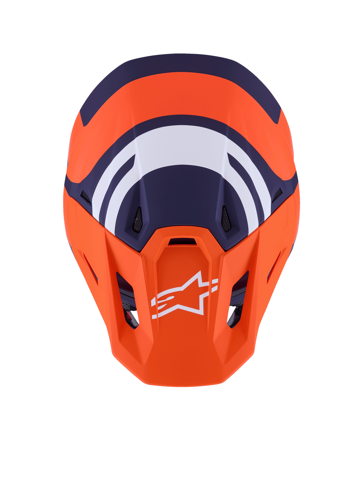 Capacete Alpinestars S-M7 Core ECE 22.06, capacete de motocross, laranja e azul mate, vista superior apresentando gráficos geométricos em azul-marinho e branco, logótipo Alpinestars branco na viseira laranja, design de calota aerodinâmico para corridas todo-o-terreno