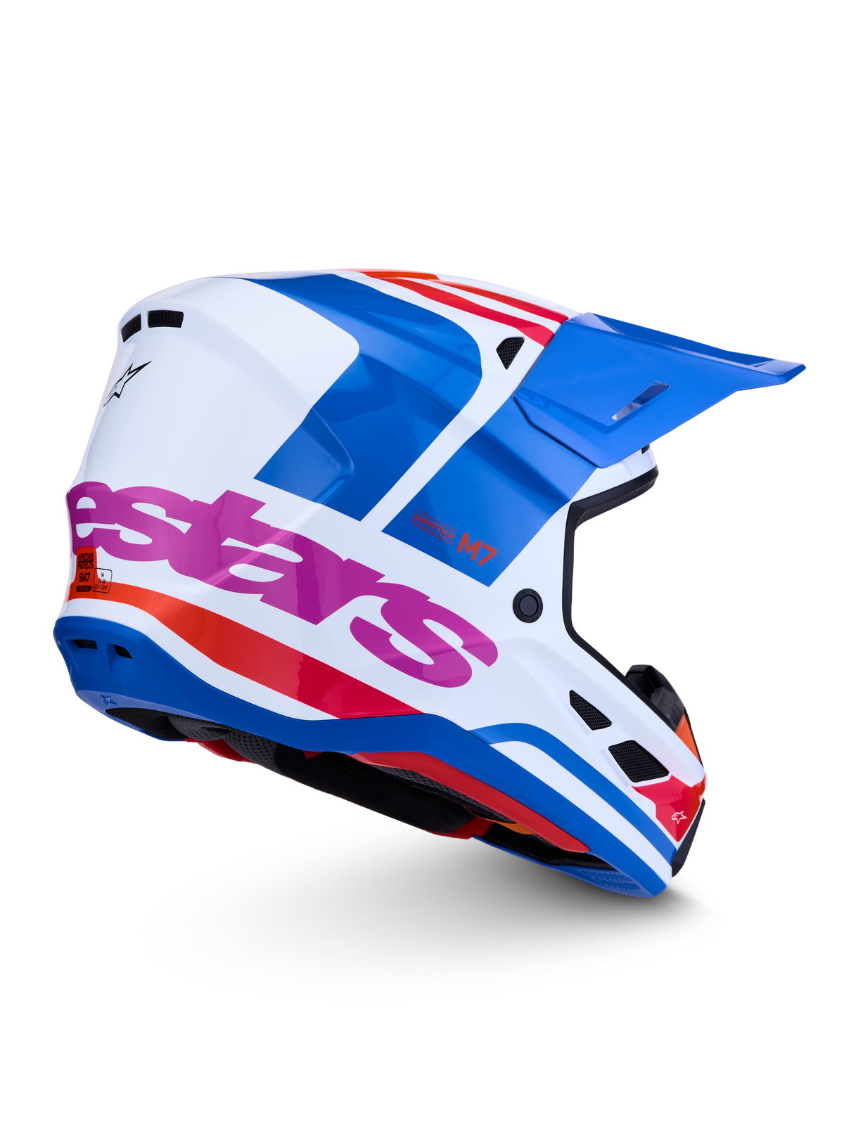 Alpinestars S-M7 Core ECE06, capacete de motocross para todo-o-terreno, branco e azul brilhante com pormenores rosa, certificado ECE 22.06.