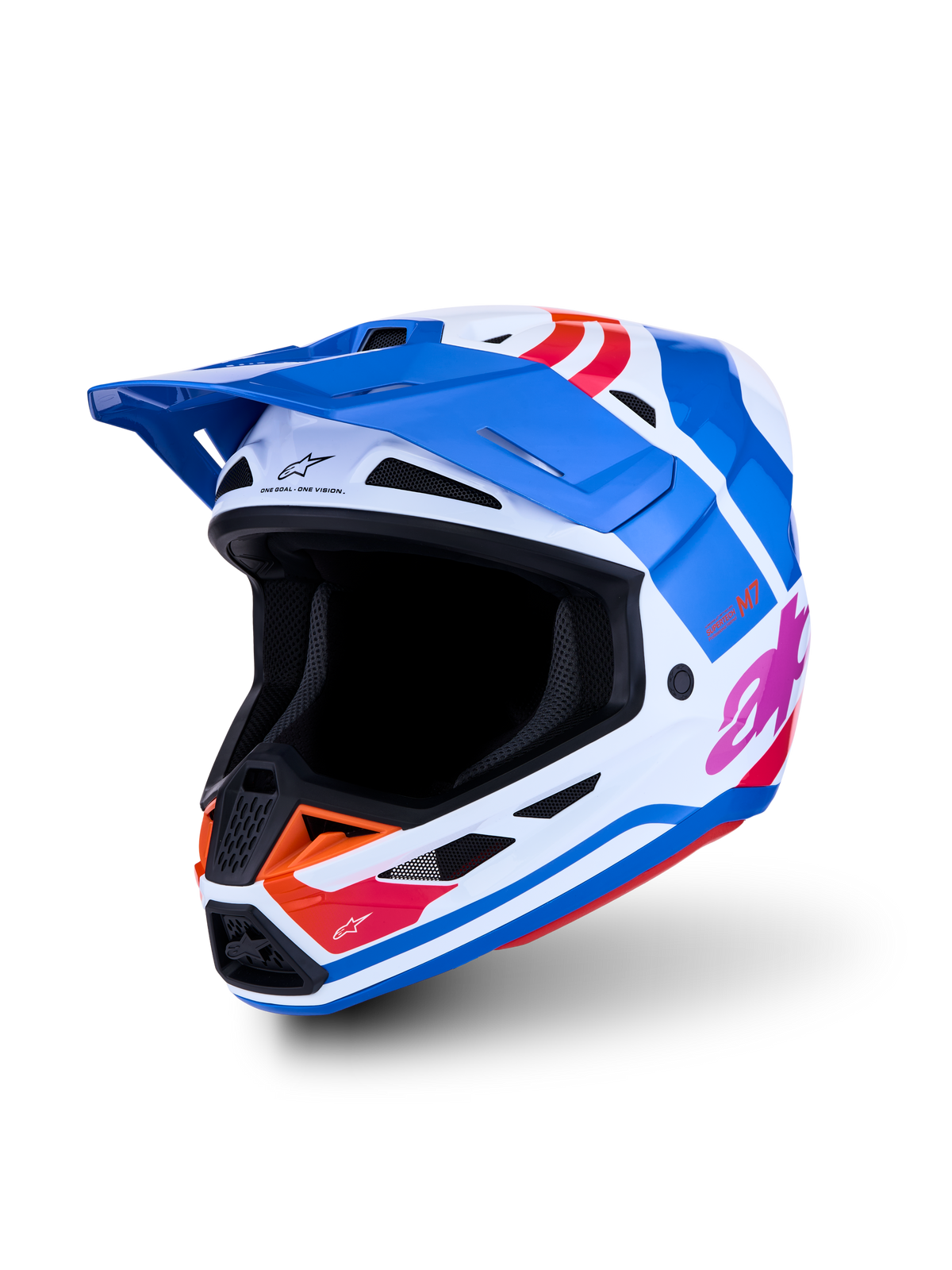 Alpinestars S-M7 Core, capacete de motocross branco e azul com gráficos laranja e rosa brilhantes, certificado ECE06.