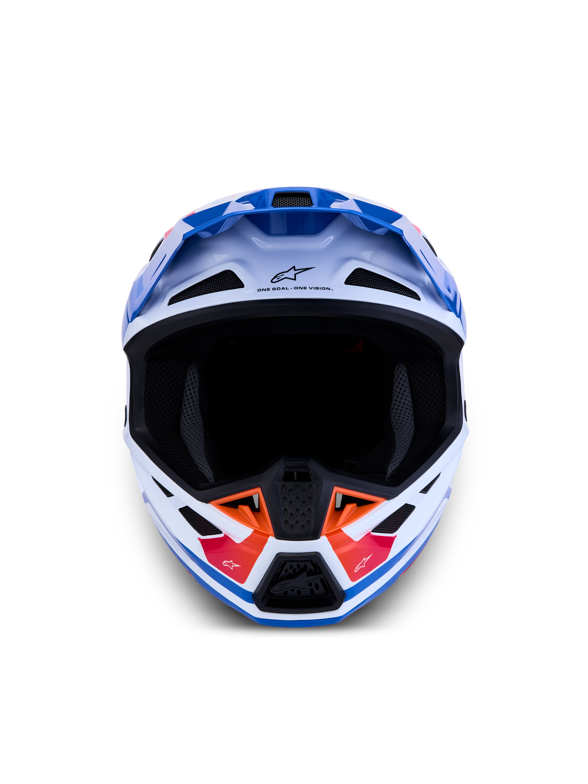 Alpinestars S-M7 Core ECE06, capacete de motocross para todo-o-terreno, branco e azul com pormenores laranja, certificado ECE 22.06, design aerodinâmico e ventilação avançada