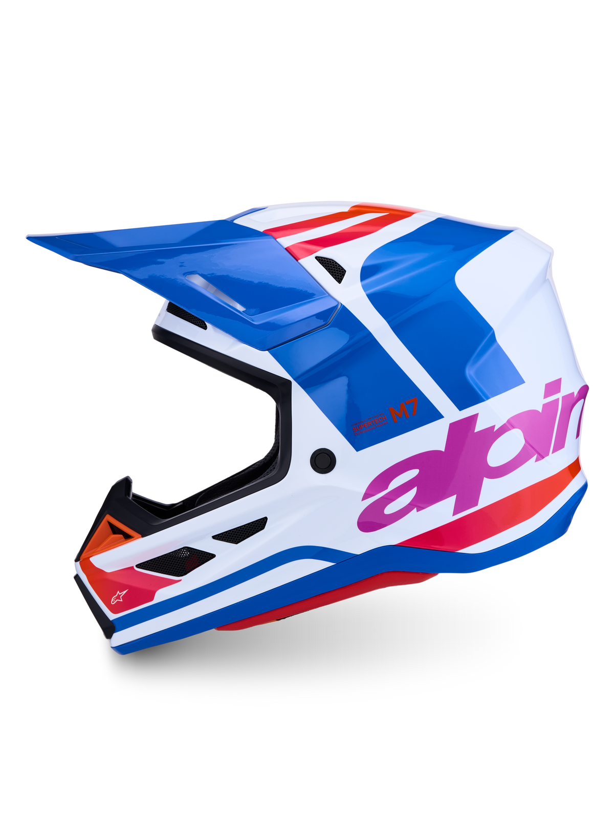 Alpinestars S-M7 Core ECE06, capacete de motocross profissional, azul e branco brilhante com detalhes rosa e laranja, design aerodinâmico para off-road.