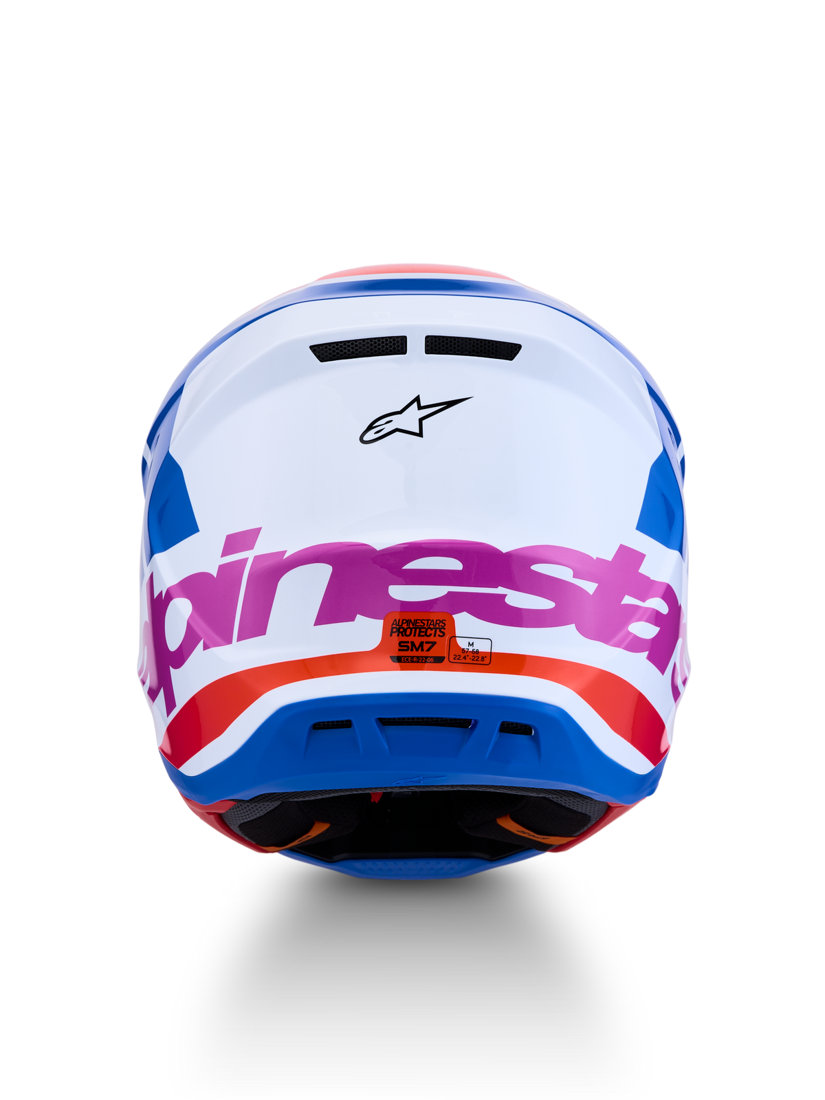 Alpinestars S-M7 Core ECE06, capacete motocross branco e azul com rosa e laranja, vista traseira, certificado ECE 22.06.