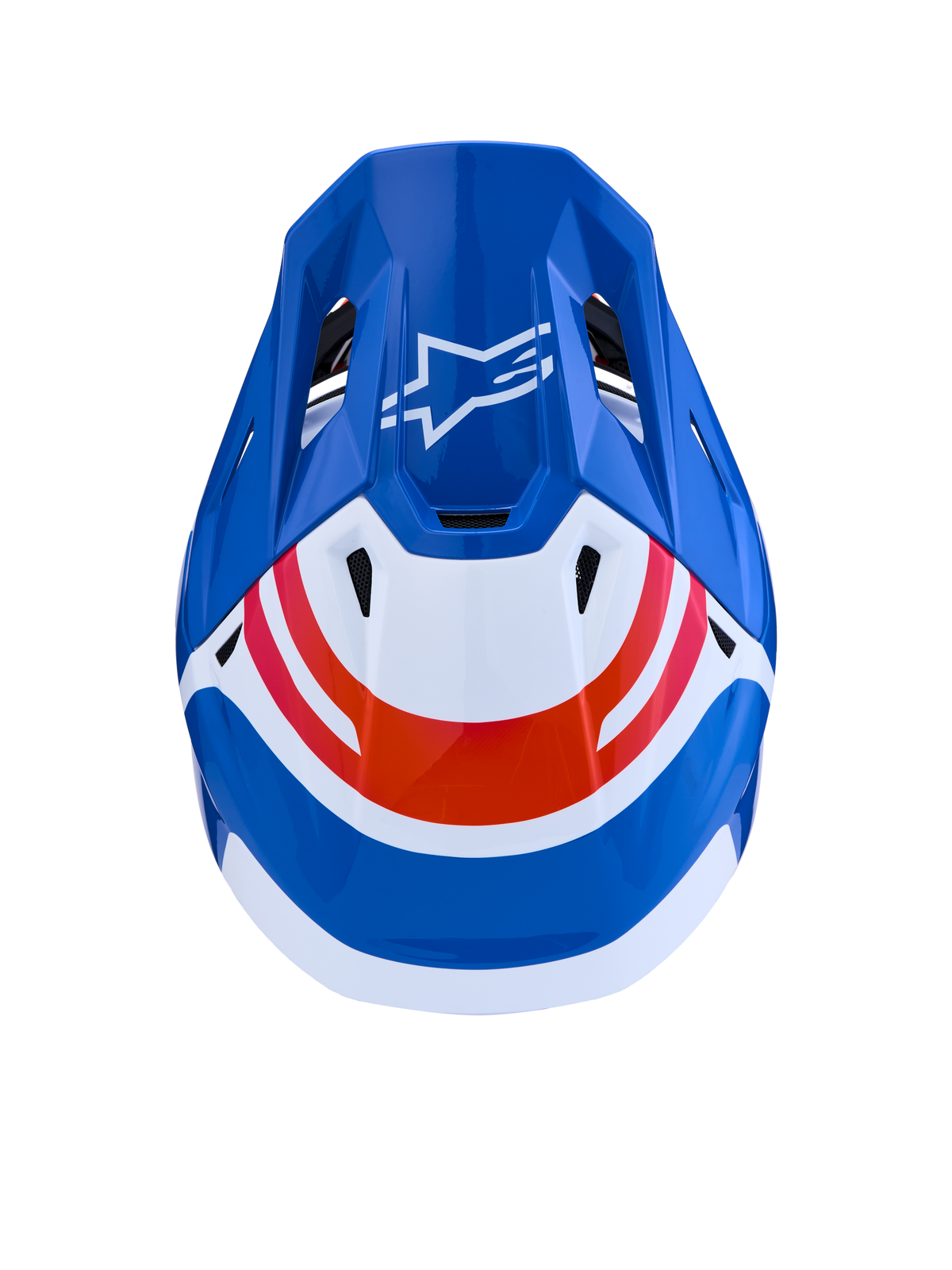 Alpinestars S-M7 Core ECE06, capacete de motocross azul e branco com detalhes laranja, vista superior