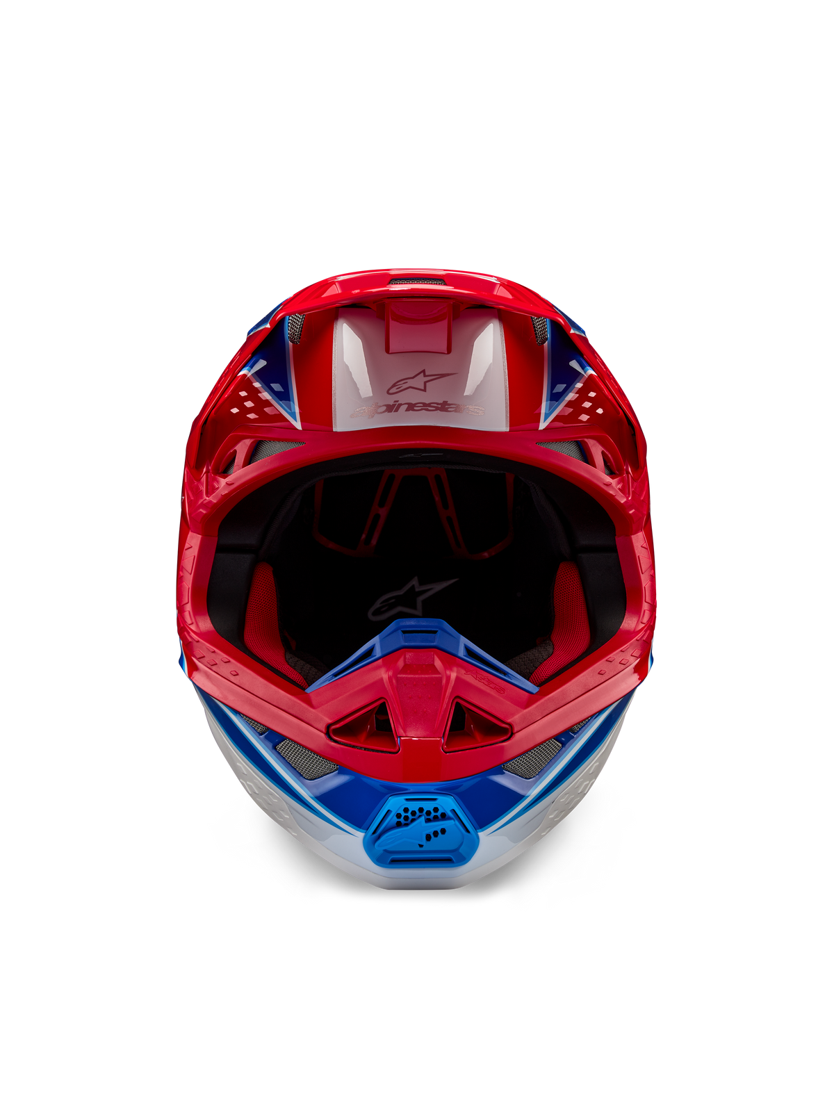 Capacete Alpinestars Supertech M10 Aeon ECE 22.06, capacete de motocross, vermelho e azul brilhante, vista frontal com calota aerodinâmica, barra de queixo ventilada e forro interior vermelho, acabamento brilhante e arrojado para corridas todo-o-terreno