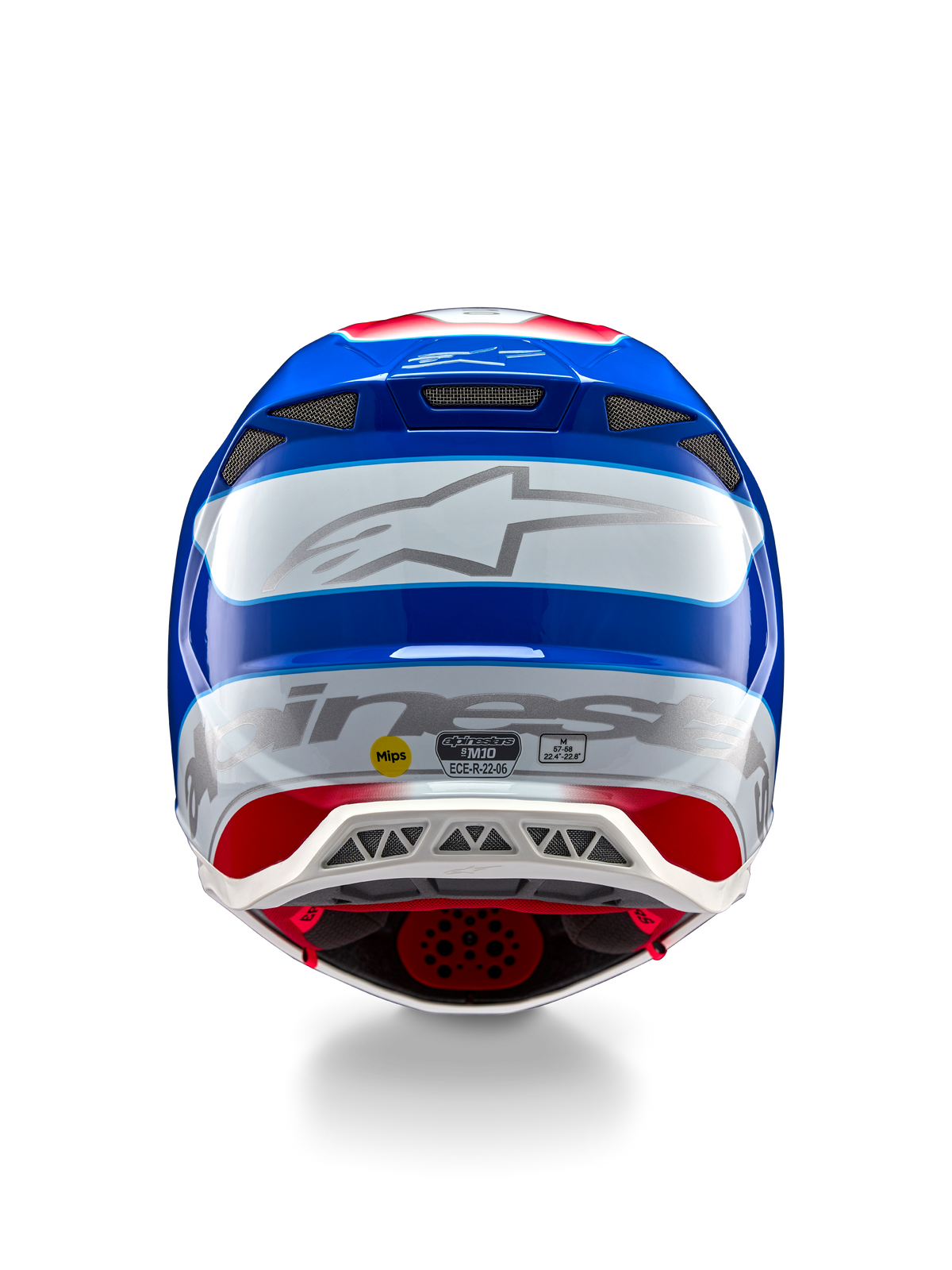 Capacete Alpinestars Supertech M10 Aeon ECE 22.06, capacete de motocross, vista traseira, acabamento brilhante em vermelho e azul, logótipo Alpinestars prateado, múltiplas aberturas de ventilação, autocolantes de segurança MIPS e ECE, proteção profissional de competição