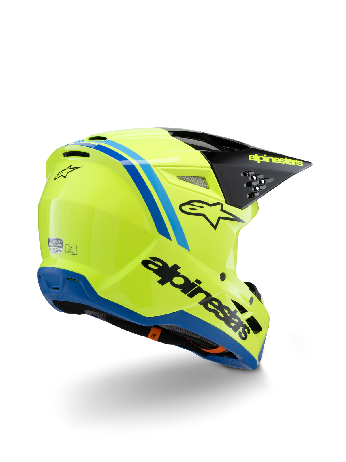 Alpinestars S-M3 Youth Radium Helmet ECE 22.06, capacete de motocross, amarelo néon com detalhes em preto e azul, vista traseira de três quartos mostrando a viseira preta com logótipo amarelo e acabamento da base em azul