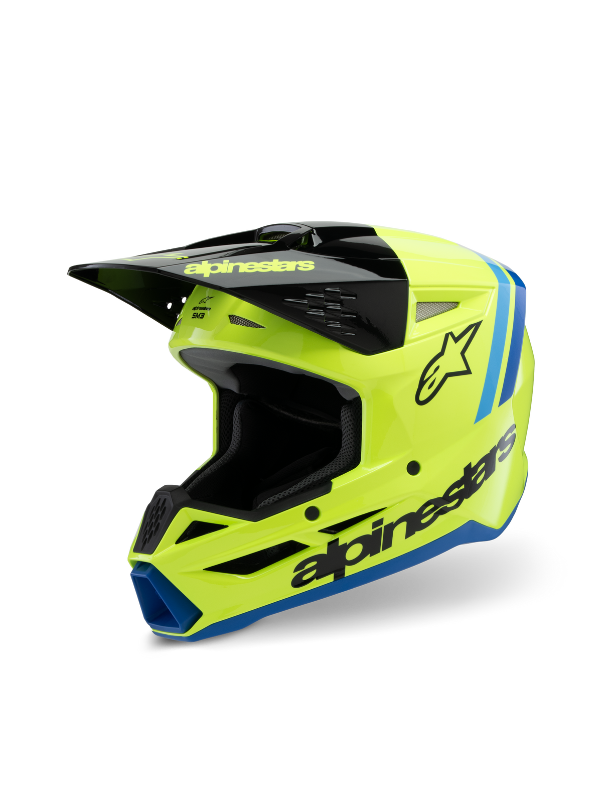 Capacete Alpinestars S-M3 Youth Radium, capacete de motocross, amarelo néon, preto e azul, com viseira preta, logótipo Alpinestars em destaque na lateral, pormenores azuis nos acabamentos, equipamento de proteção de alto desempenho para jovens pilotos