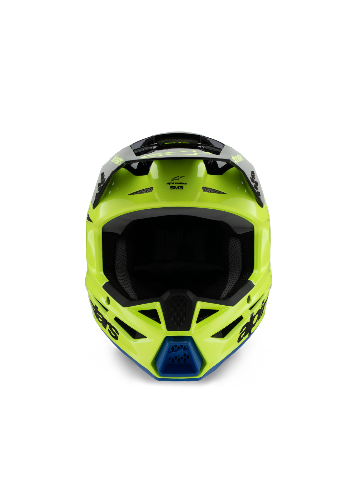 Capacete Alpinestars S-M3 Jovem Radium, capacete de motocross, amarelo néon, preto e azul, vista frontal mostrando a viseira preta e ventilação azul no queixo, logótipo Alpinestars em destaque, perfil aerodinâmico para corridas off-road de jovens