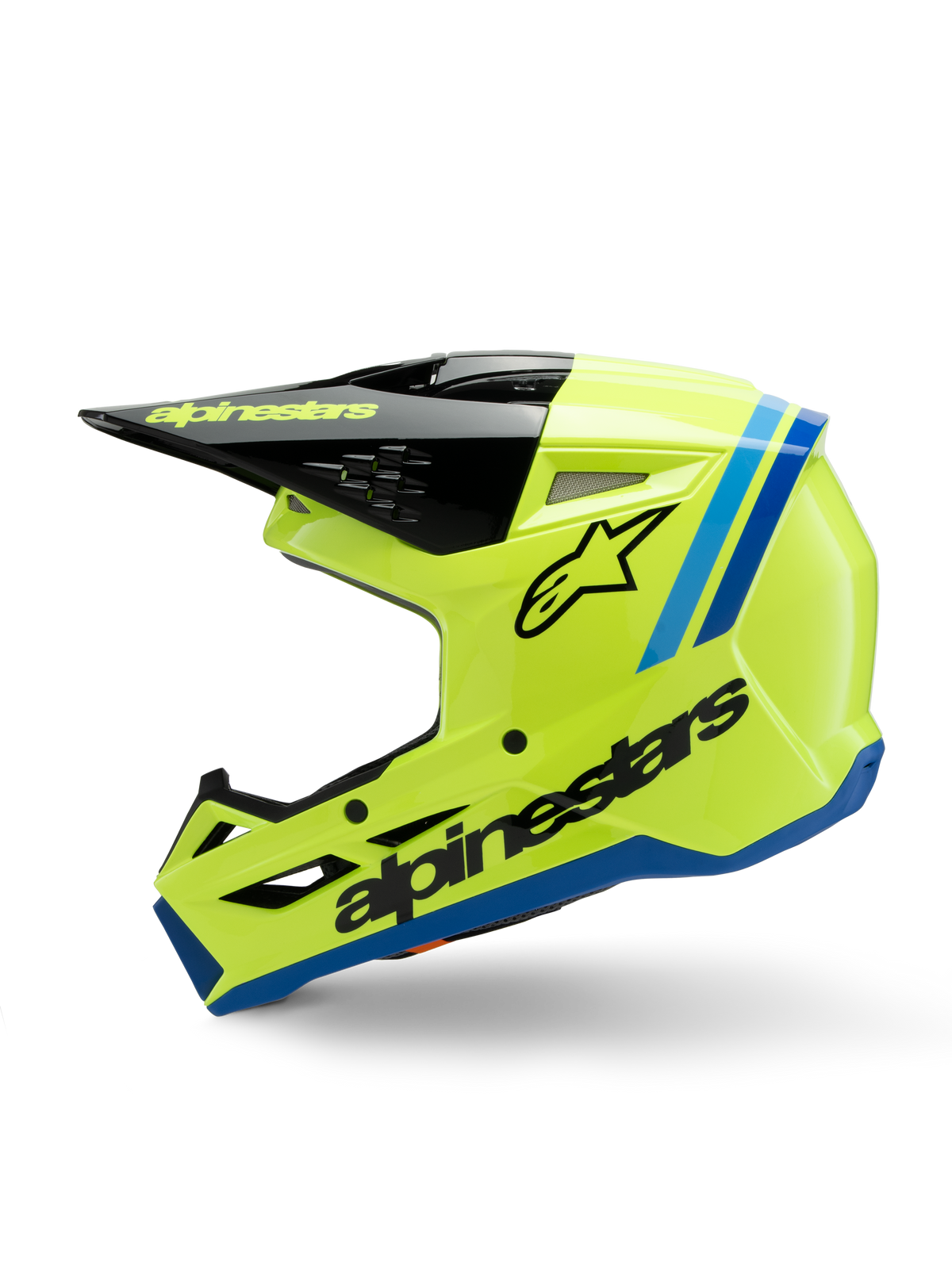 Capacete Alpinestars S-M3 Youth Radium, capacete de motocross, amarelo néon com detalhes em azul e preto, com logótipo Alpinestars em destaque, perfil aerodinâmico para corridas off-road juvenis