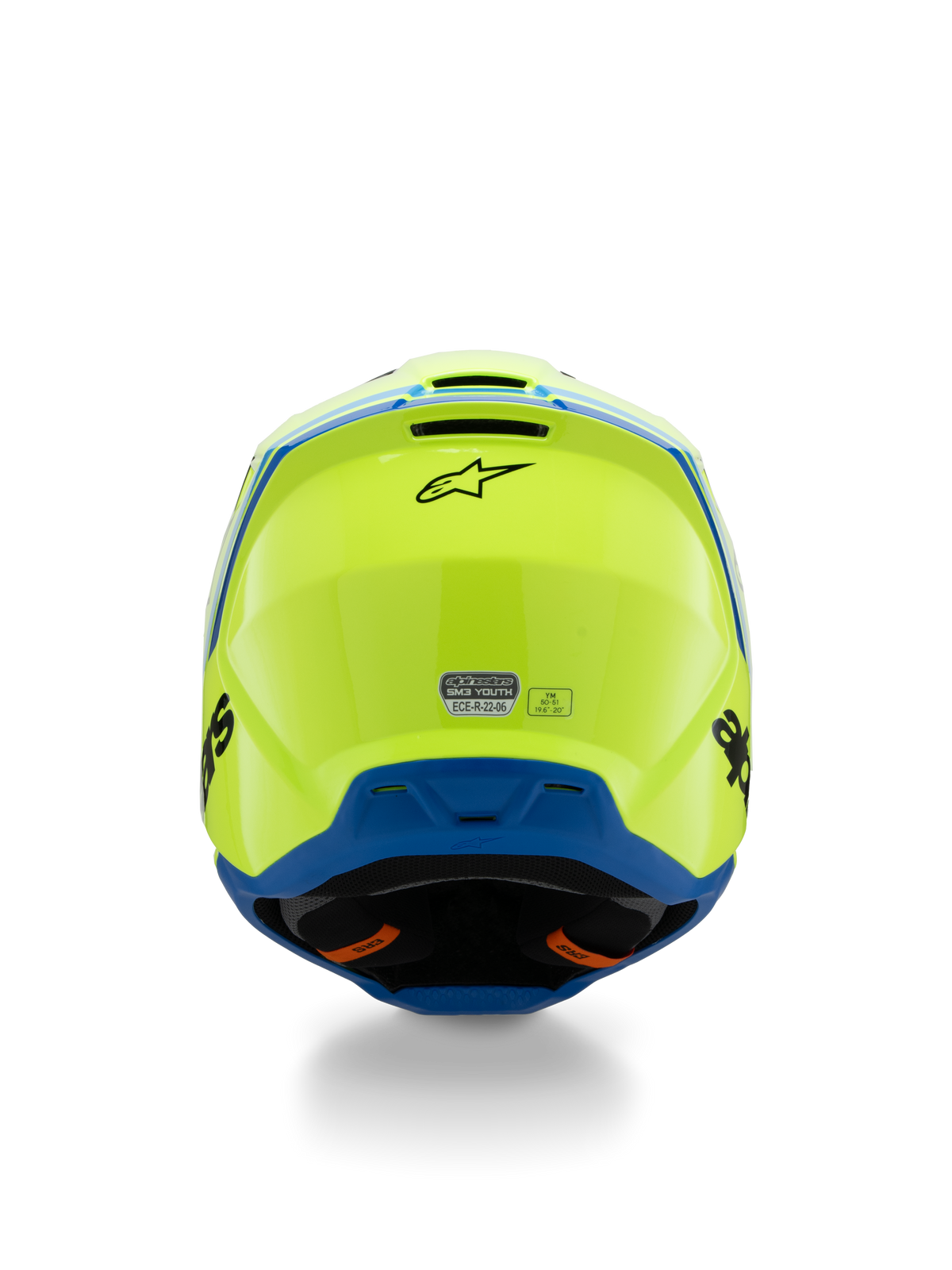 Capacete Alpinestars S-M3 Youth Radium ECE 22.06, capacete de motocross, amarelo néon e azul, vista traseira com logótipo Alpinestars preto e autocolante de certificação ECE, design de calota aerodinâmico para jovens pilotos de todo-o-terreno
