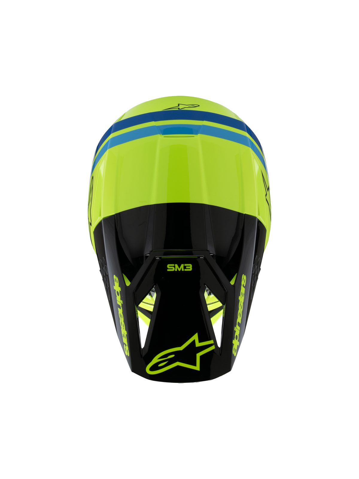 Alpinestars S-M3 Youth Radium Helmet ECE 22.06, capacete de motocross, amarelo néon, preto e azul, vista superior mostrando a calota aerodinâmica, marca SM3 na pala preta e logótipos Alpinestars em destaque