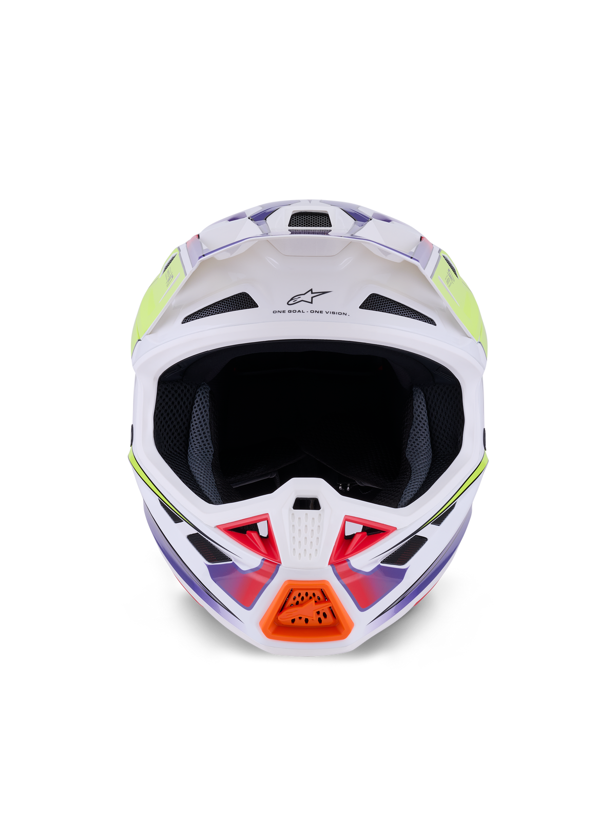 Capacete Alpinestars S-M7 Fuse, capacete de motocross, branco, amarelo néon e roxo brilhante, vista frontal com múltiplas entradas de ar, calota composta aerodinâmica e detalhe laranja na barra de queixo