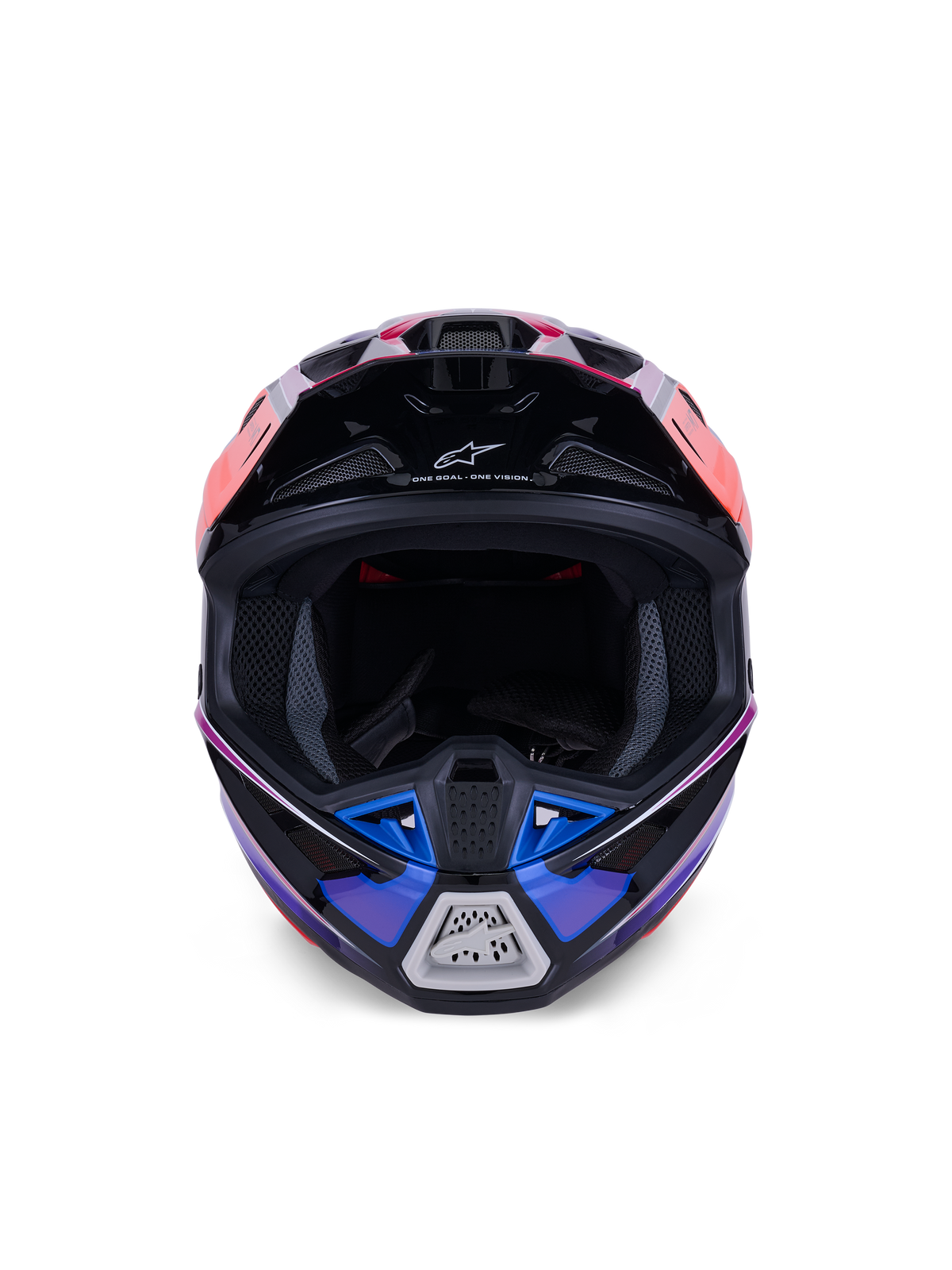 Capacete Alpinestars S-M7 Fuse, capacete de motocross, azul, roxo e cor-de-rosa brilhante, vista frontal mostrando a abertura para os olhos e a queixeira ventilada, com detalhes em preto e a marca Alpinestars, design aerodinâmico de competição todo-o-terreno