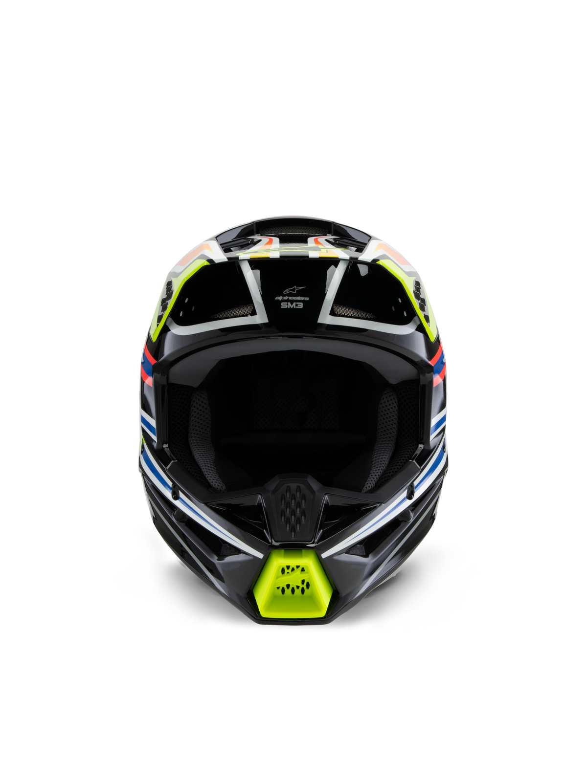 Capacete Alpinestars S-M3 Youth Wurx, vista frontal, preto com pormenores em amarelo fluorescente, azul e vermelho, equipamento de proteção de motocross para jovens, base preta com grafismos geométricos vibrantes, aberturas de ventilação integradas e queixeira amarela, estilo de corrida todo-o-terreno