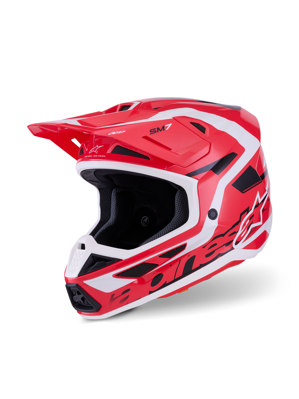 Alpinestars S-M7 Deed Helmet, Motocross Helmet, Red Black and White Glossy, featuring a sleek aerodynamic shell with bold branding, integrated ventilation ports, and a protective visor for off-road racing