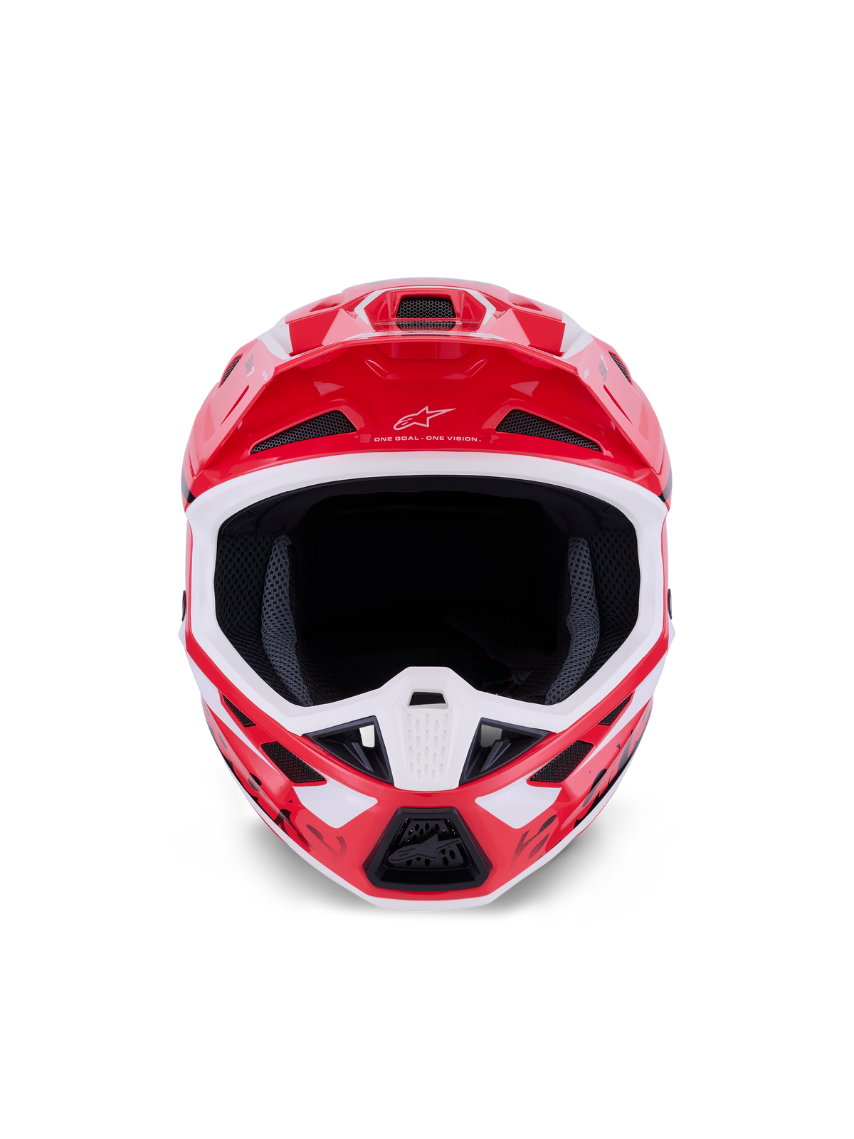 Alpinestars S-M7 Deed Helmet, Motocross Helmet, Red Black and White Glossy, front view showing the large eye port and ventilated chin bar, featuring the Alpinestars logo and motto on the visor, designed for off-road racing protection