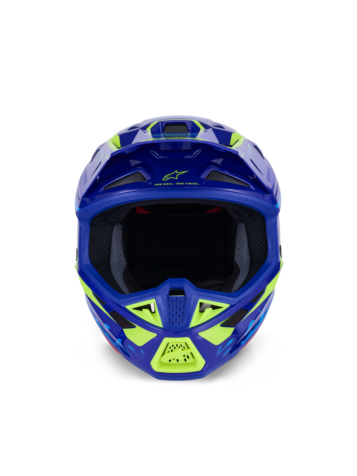Capacete Alpinestars S-M7 Deed, capacete de motocross, azul e amarelo néon brilhante, vista frontal destacando a ampla abertura para os olhos e múltiplas entradas de ar cobertas por rede, calota aerodinâmica com realces em amarelo néon e marca Alpinestars, proteção de cabeça profissional para corridas off-road