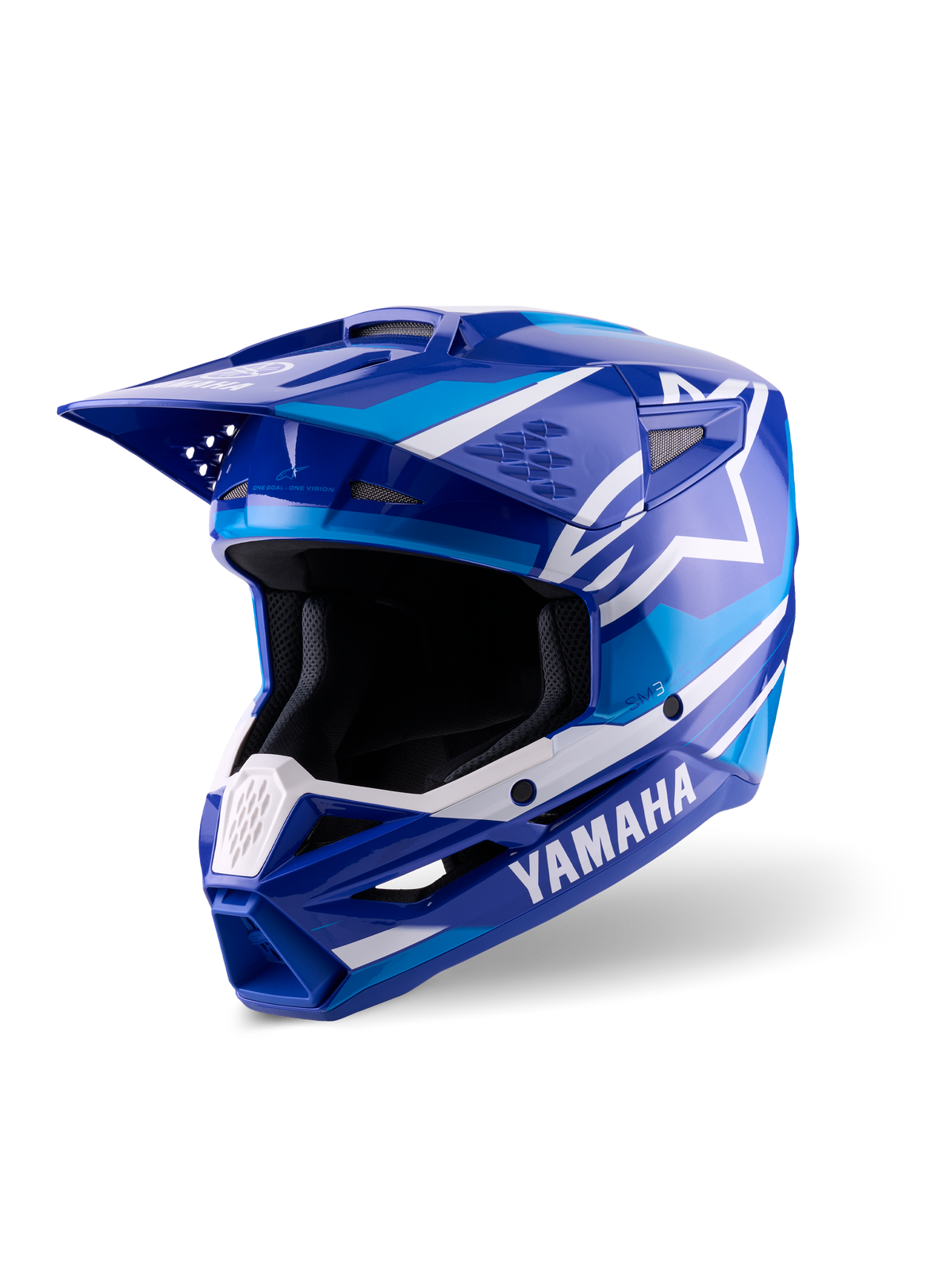 Capacete Alpinestars Yamaha S-M3, capacete de motocross, azul e branco brilhante, com branding Yamaha em destaque e o logótipo de estrela da Alpinestars, design angular com viseira e proteção de queixo ventilada, equipamento profissional de corrida todo-o-terreno