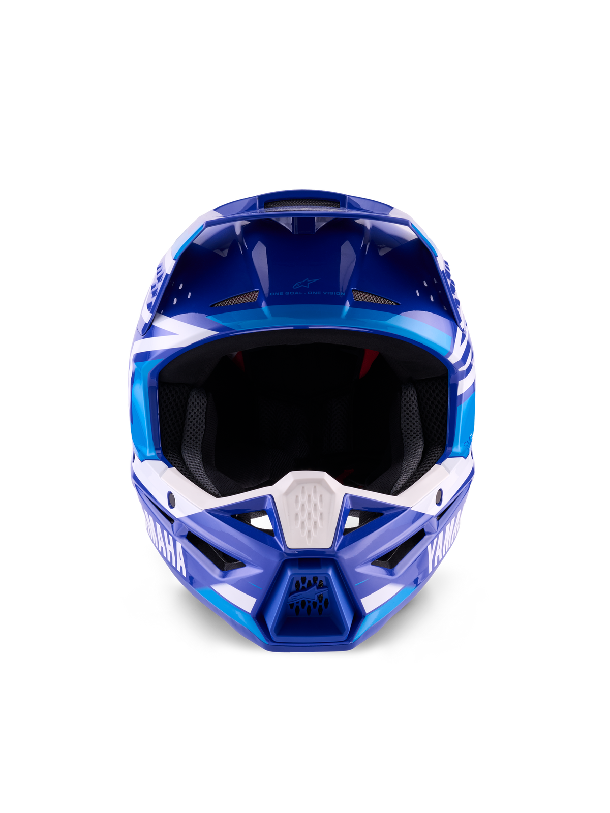 Capacete Yamaha S-M3 ECE 22.06, capacete de motocross, azul e branco brilhante, vista frontal com destaque para a barra de queixo protetora com a marca Yamaha e múltiplas aberturas de ventilação.