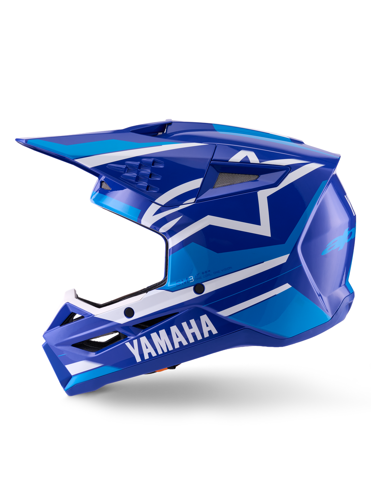 Capacete Alpinestars Yamaha S-M3, capacete de motocross, azul e branco brilhante, vista de perfil lateral com a marca Yamaha na queixeira e o logótipo de estrela da Alpinestars, calota aerodinâmica com aberturas de ventilação para corridas todo-o-terreno