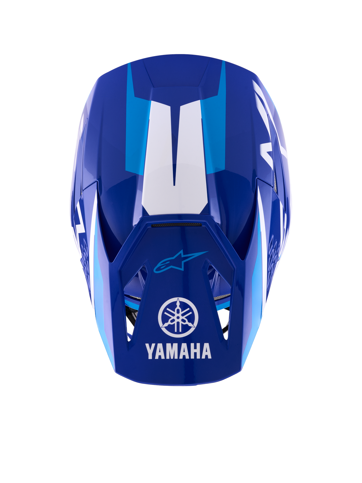 Capacete Alpinestars Yamaha S-M3, capacete de motocross, azul e branco brilhante, vista superior que mostra a pala com o logótipo e a inscrição Yamaha em branco, detalhes gráficos em azul claro e design aerodinâmico agressivo