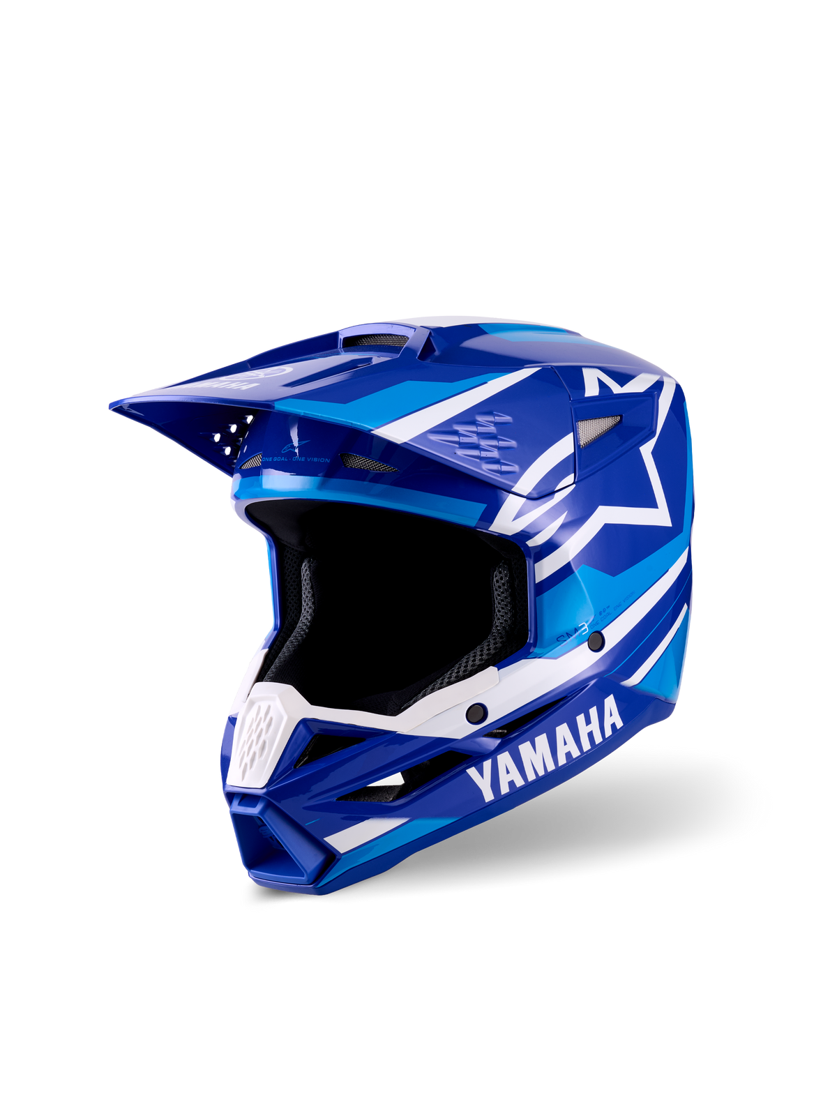 Capacete de Motocross Alpinestars Yamaha S-M3 para Jovens, acabamento brilhante azul e branco, com logótipos proeminentes da Yamaha e Alpinestars, design de viseira aerodinâmica, abertura ocular ampla e queixeira ventilada para desempenho em corridas de todo-o-terreno.