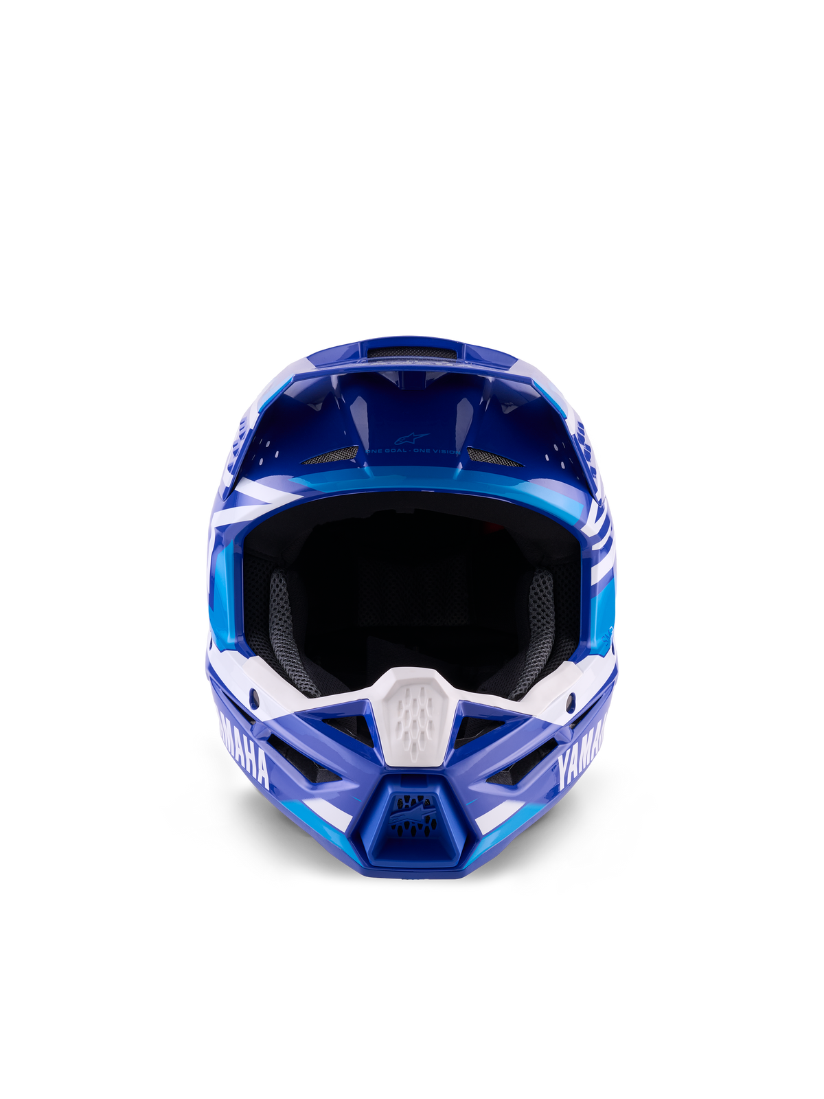 Capacete de Motocross Alpinestars Yamaha S-M3 para Jovens, azul e branco brilhante, vista frontal destacando a abertura ocular ampla e o design agressivo da queixeira, inclui a marca Yamaha e grafismos geométricos, proteção de cabeça profissional de todo-o-terreno para jovens pilotos