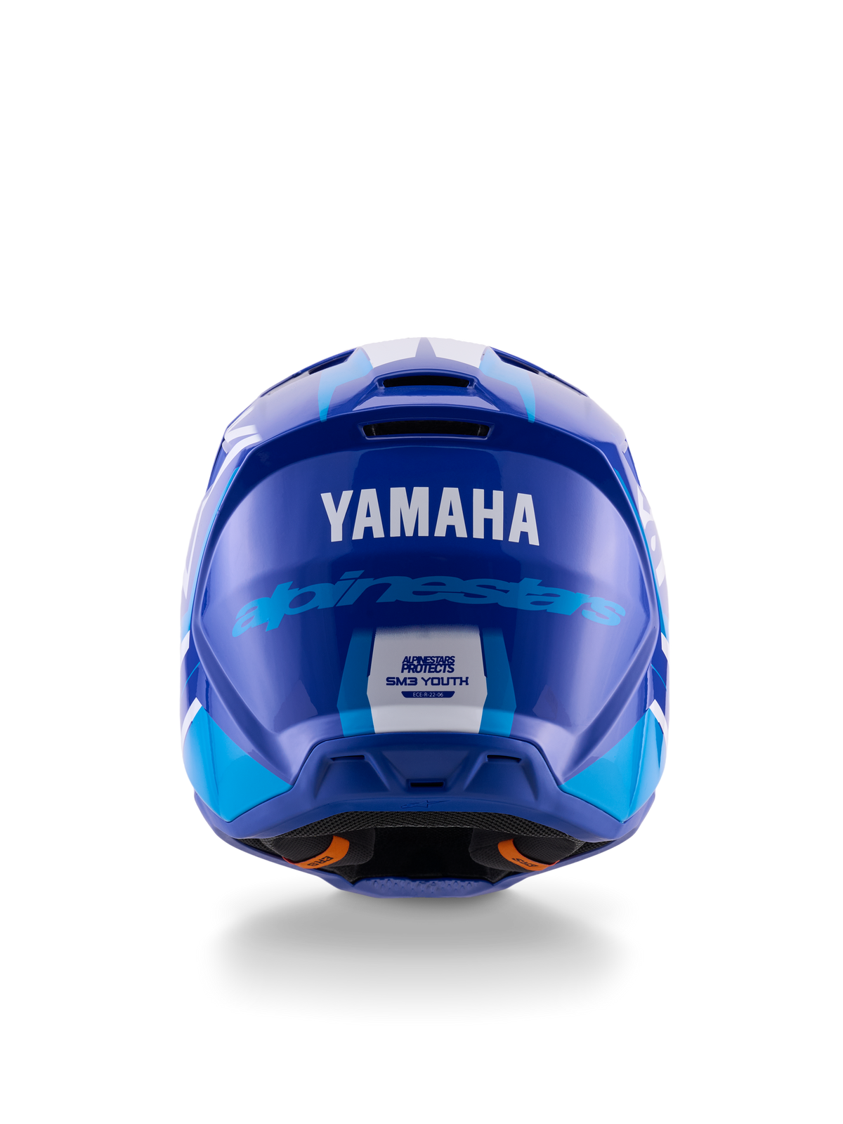 Capacete de Motocross Yamaha S-M3 para Jovens, vista traseira, azul e branco brilhante, com logótipos Yamaha e Alpinestars em destaque, design aerodinâmico com etiqueta de certificação de segurança ECE 22.06, proteção de cabeça profissional para todo-o-terreno