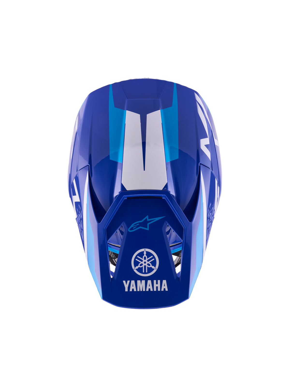 Capacete de Motocross Alpinestars Yamaha S-M3 para Jovens, azul e branco brilhante, vista superior mostrando a calota exterior e a viseira, com os logótipos da Yamaha e Alpinestars, design aerodinâmico com acabamento brilhante e detalhes gráficos brancos.