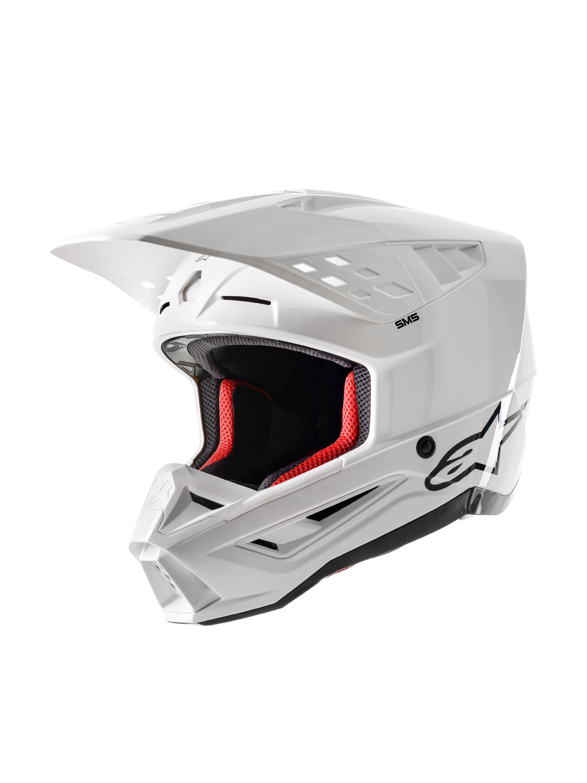 Alpinestars S-M5 Solid Helmet ECE 22.06, Motocross Helmet, White Glossy, featuring red interior padding, black Alpinestars logo, aerodynamic visor, and multiple ventilation ports for off-road racing protection