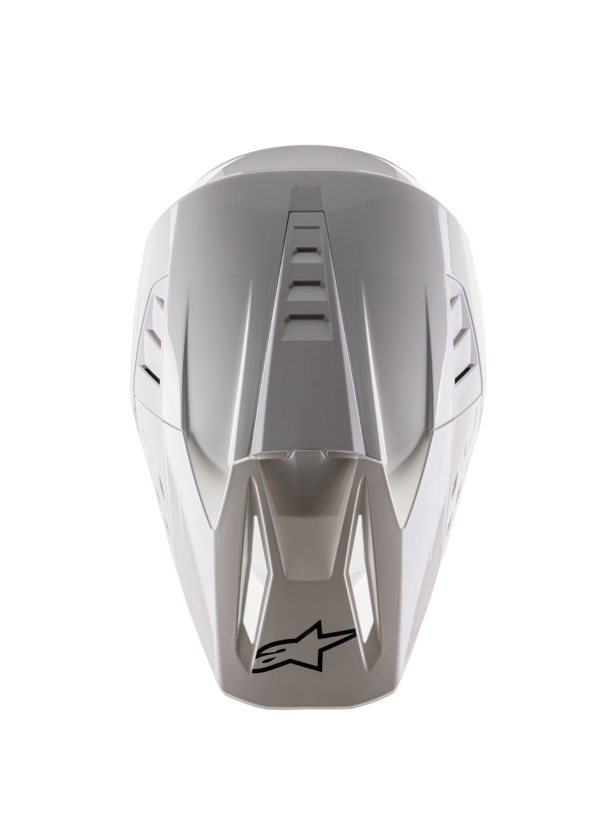 Alpinestars S-M5 Solid Helmet ECE 22.06, Motocross Helmet, White Glossy, overhead view showing top air vents and black logo on the visor tip