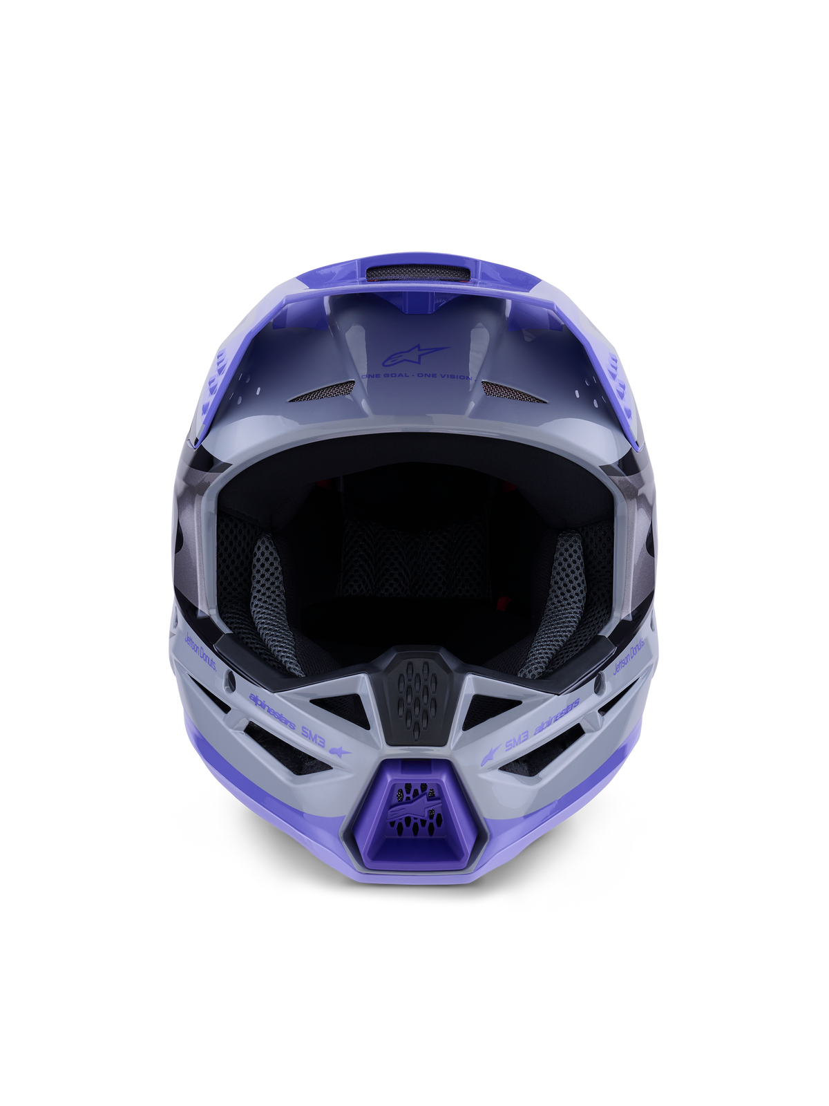 Capacete Alpinestars S-M3 Jettson, capacete de motocross, cinzento, roxo e preto brilhante, vista frontal com uma abertura ocular ampla e proteção de queixo ventilada com detalhes em roxo, design elegante de calota termo-injetada para performance off-road