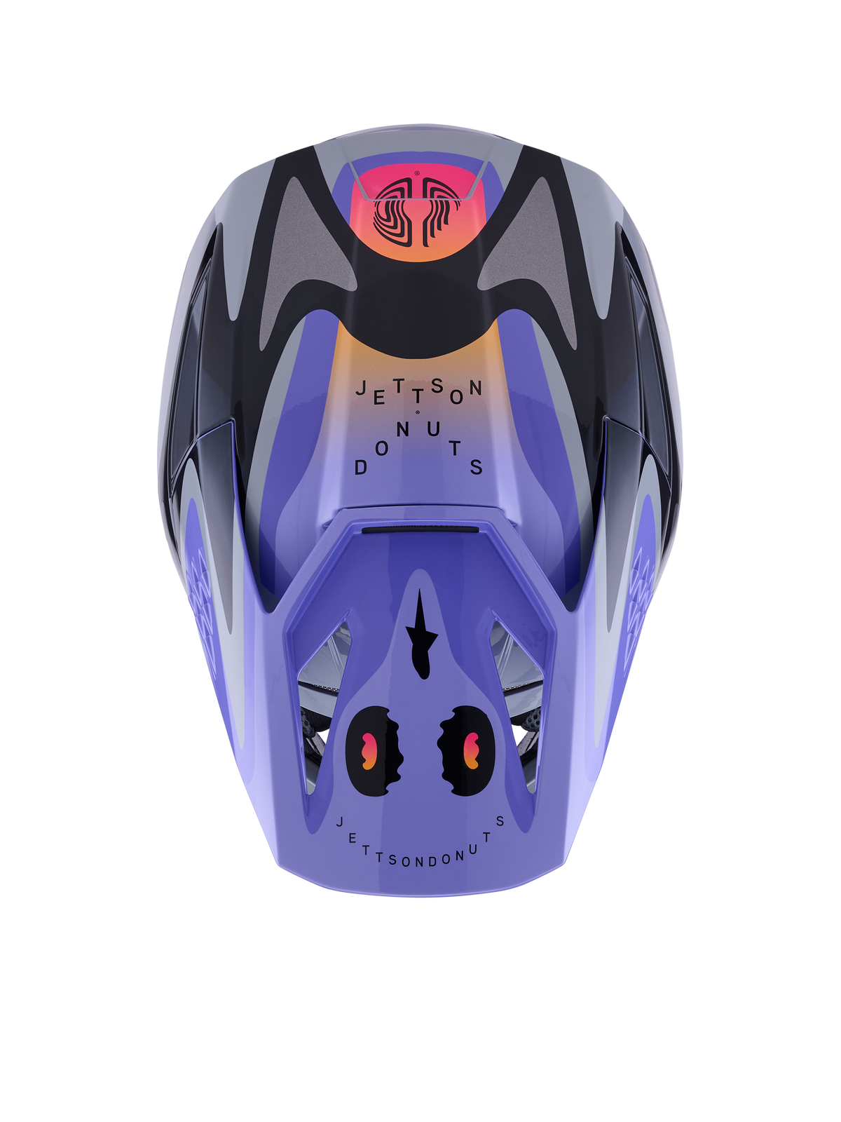 Capacete Alpinestars S-M3 Jettson, capacete de motocross, cinzento, roxo e preto brilhante com gradientes cor de laranja e rosa, vista superior com grafismos 'Jettson Donuts' e logótipo Alpinestars na pala, acabamento brilhante