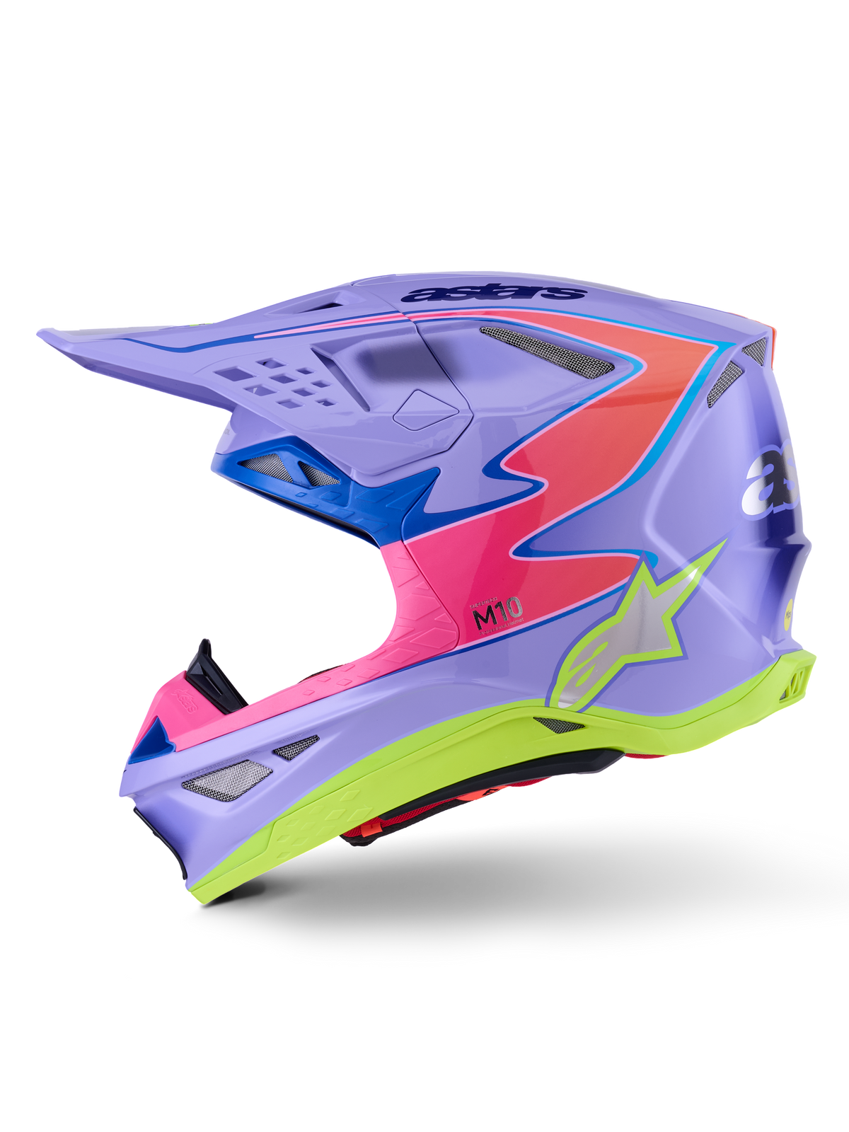 Alpinestars Supertech M10 Jett Lawrence R01 Helmet, Motocross Helmet, Purple with Pink and Fluo Yellow accents, side profile view featuring an aerodynamic carbon shell, silver star logo, multiple ventilation ports, and bold graphic design for professional motocross racing.