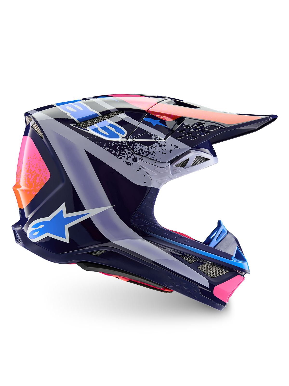 Alpinestars Limited Edition Supertech M10 Records Helmet, capacete de motocross, multicolorido brilhante, com base em azul-marinho e gráficos Records vibrantes em cor-de-rosa, cor-de-laranja e azul-claro, vista de perfil lateral mostrando a calota aerodinâmica, a viseira e as aberturas de ventilação