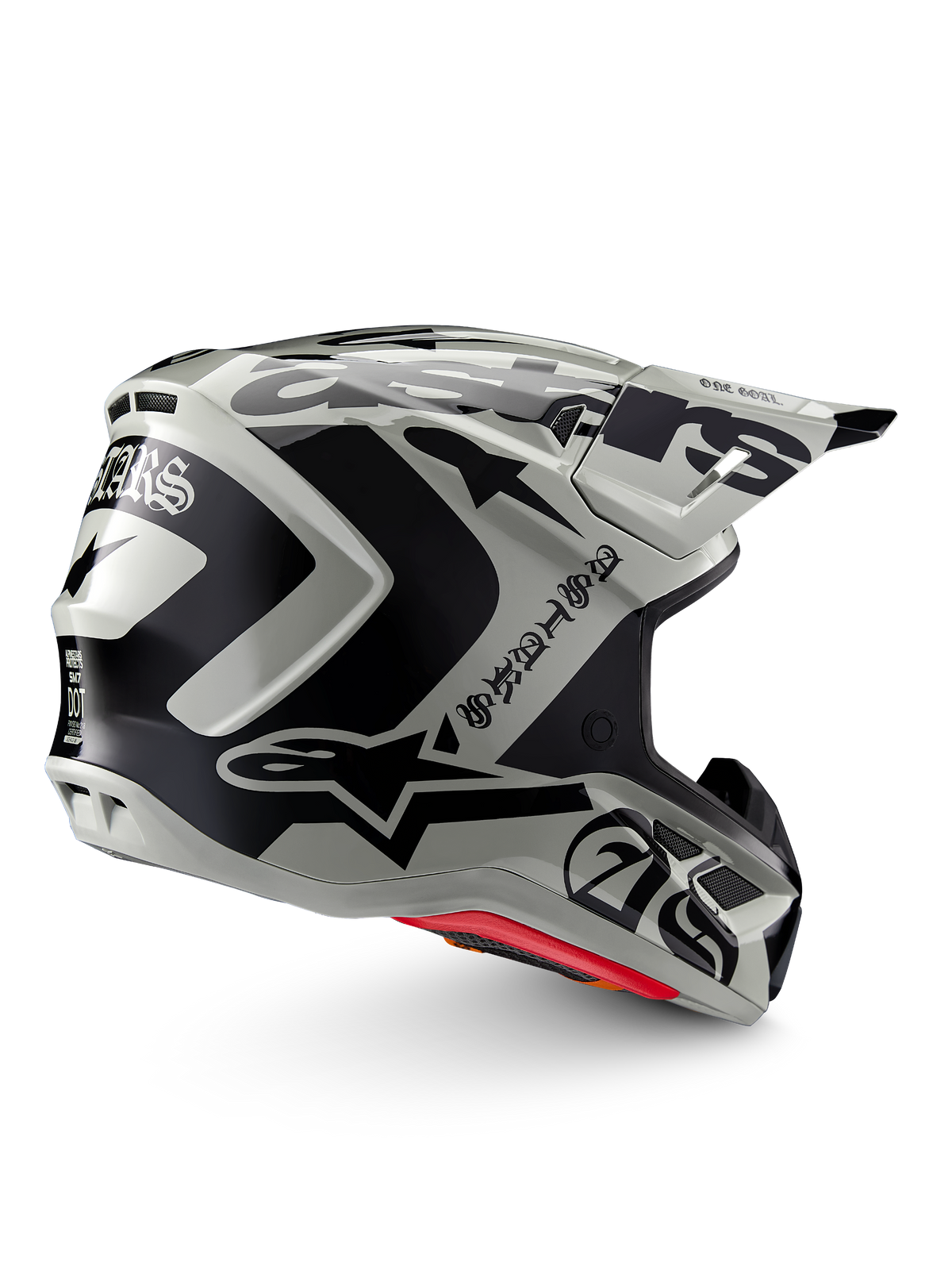Alpinestars Limited Edition S-M7 Wolf Dust Helmet, capacete de motocross, Dune Black Glossy, calota cinzenta clara com grafismos Alpinestars pretos arrojados e texto de estilo gótico, design aerodinâmico com múltiplas aberturas de ventilação, forro interno vermelho, proteção de cabeça de alto desempenho para todo-o-terreno