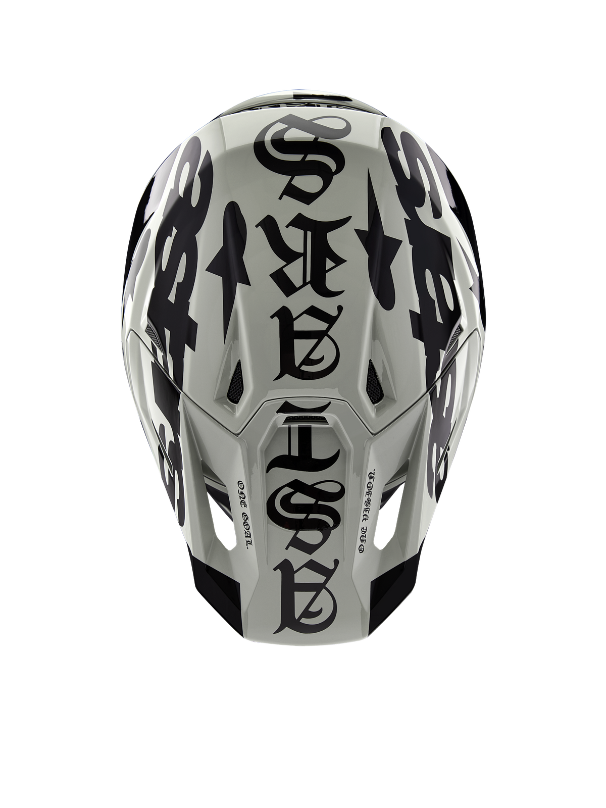 Capacete Alpinestars Limited Edition S-M7 Wolf Dust, vista superior, acabamento brilhante em Dune e preto, com tipografia ousada de estilo gótico no topo e detalhes One Goal One Vision, proteção de cabeça profissional para corridas de motocross