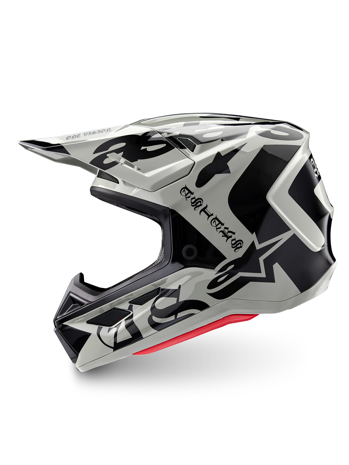 Capacete Alpinestars Limited Edition S-M7 Wolf Dust, capacete de motocross, Dune Black Glossy, calota off-white com logótipo ASTARS gótico e padrões gráficos pretos, acolchoamento interior vermelho visível, perfil aerodinâmico para corridas todo-o-terreno